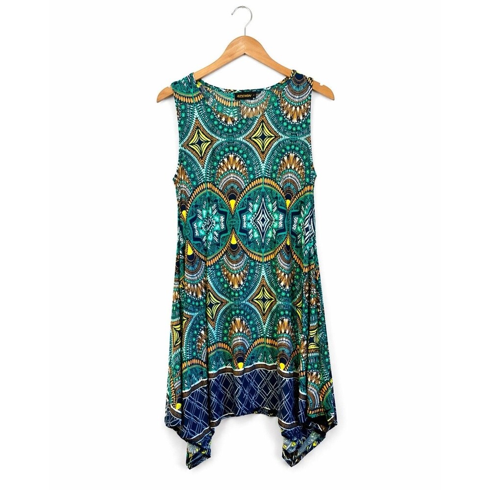 Reborn Women’s Sleeveless Geometric Print Dress Handkerchief Hem Stretch Size M